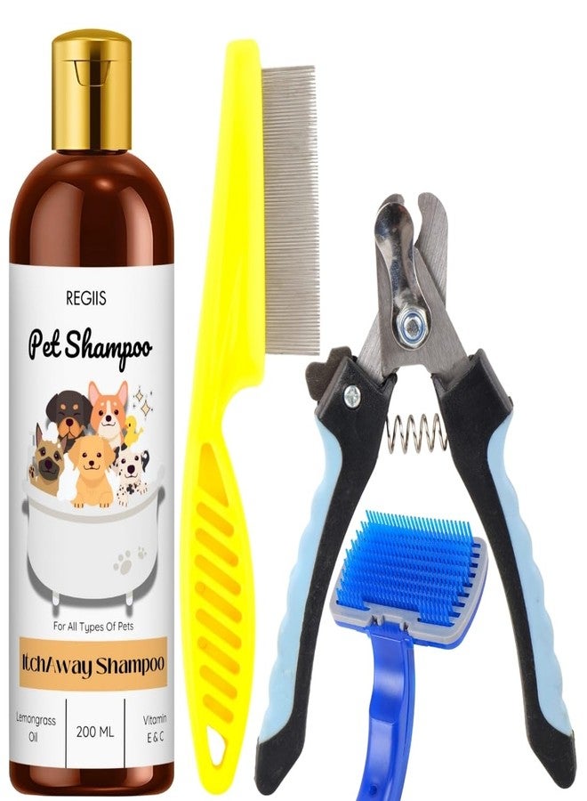 مجموعة ريجيس للعناية بالحيوانات الأليفة، شامبو للكلاب بزيت عشبة الليمون، وفيتامينات E وC، للتحكم في البراغيث والحكة، 200 مل، مع مقص أظافر، ومشط، وفرشاة ذاتية التنظيف - Image 1